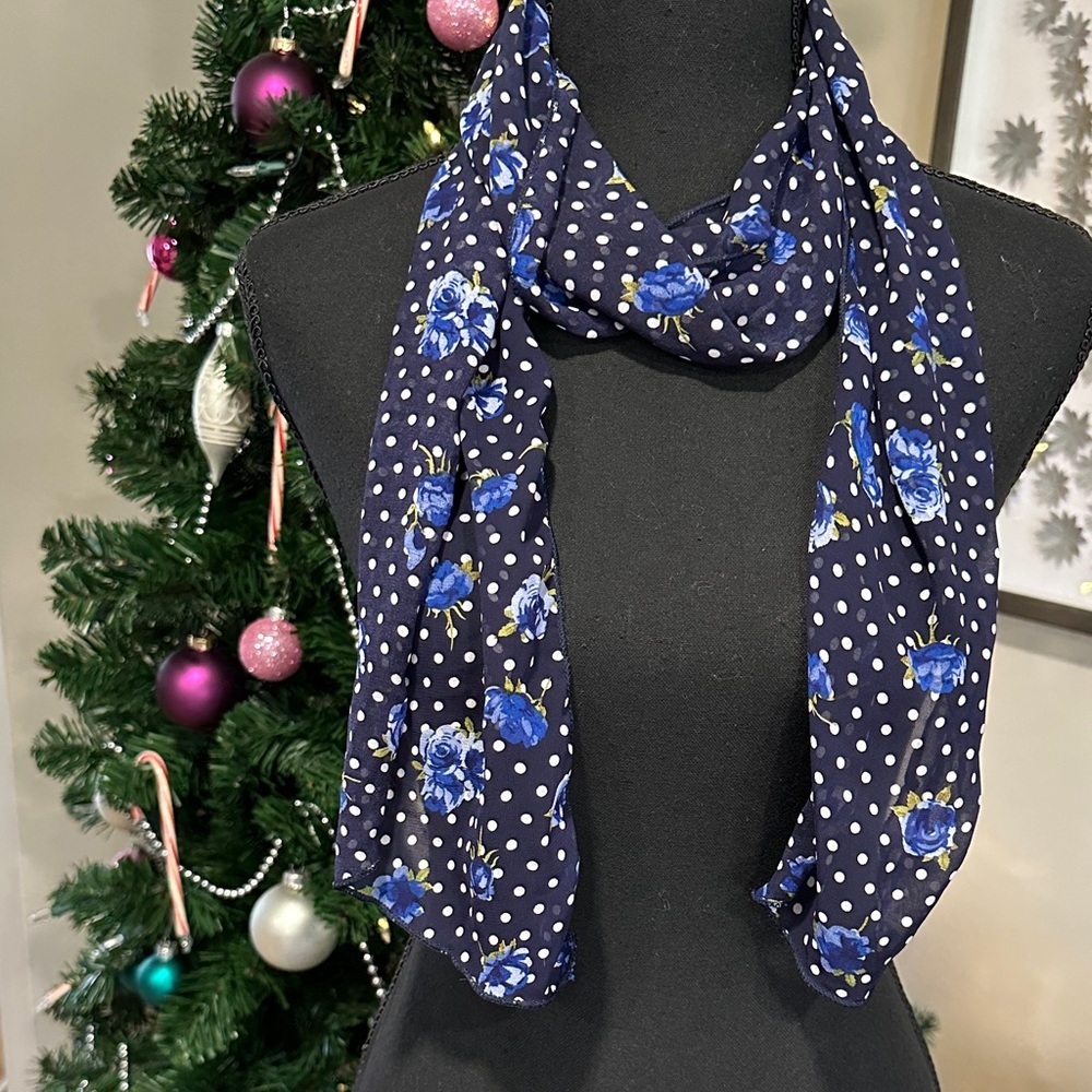 *BLUEBERSI* Blue x White Floral x Polka Dot Sheer Fashion Scarf